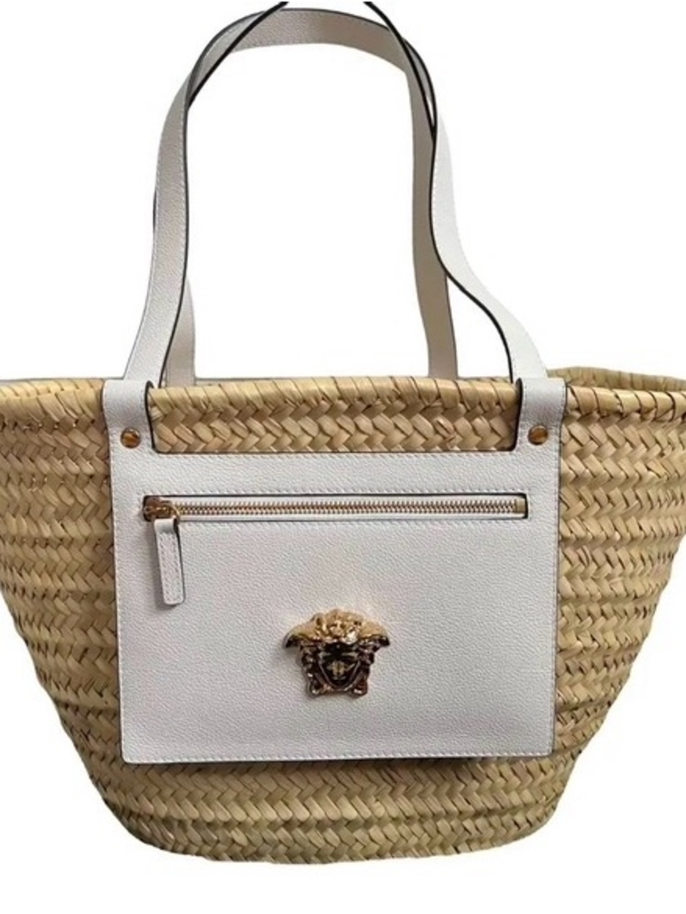 Brand New Versace Natural Straw Tote with White Leather Trim and Gold Medusa